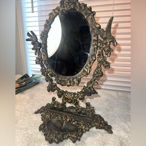Ornate Bronzed Cast Iron Vanity Dresser Swivel Mirror Victorian Art Noveua